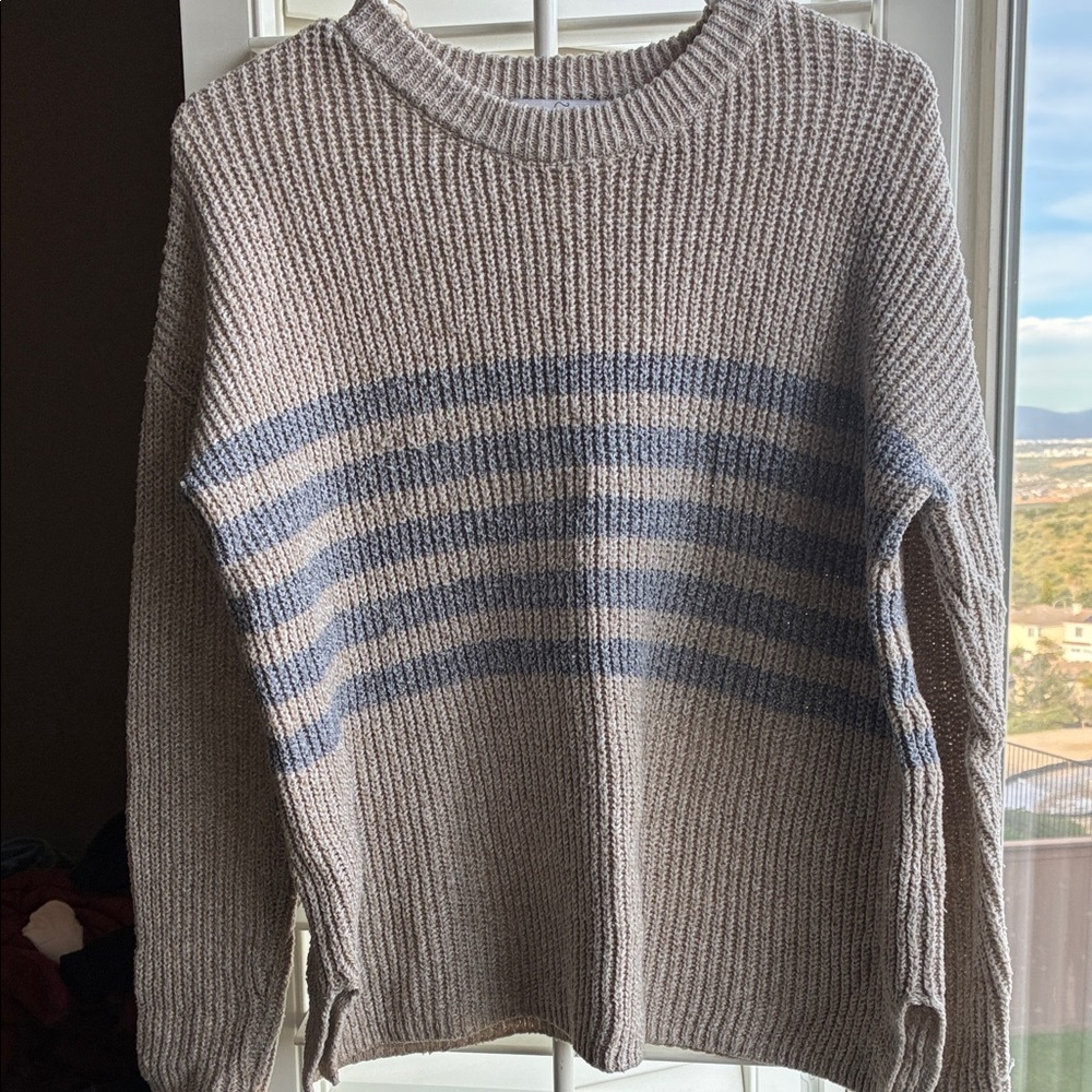 Carly Jean Los Angeles Sadie Taupe and Blue Striped Sweater